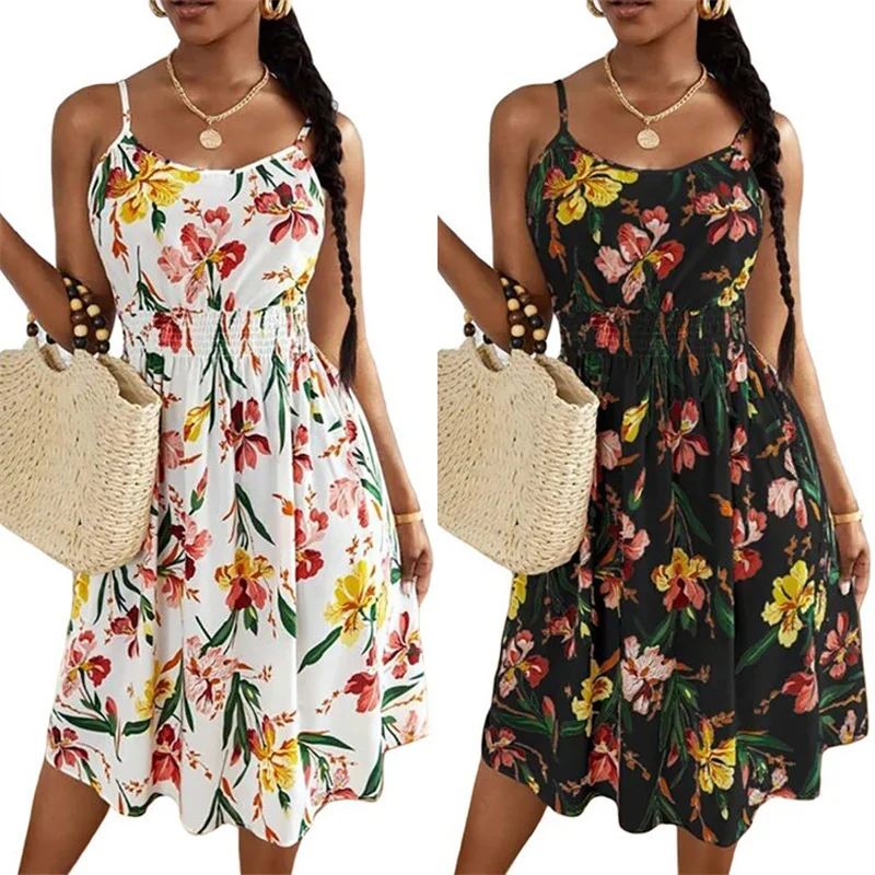 

Женский сарафан с цветочным принтом, элегантное короткое платье-трапеция с открытыми плечами и высокой талией, облегающее платье-стрейч на лето
