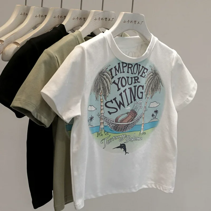 

Новинка лета 2023, хлопковые облегающие футболки с круглым вырезом, одежда Y2k, уличная одежда на запахе, милые топы, футболка с принтом граффит...