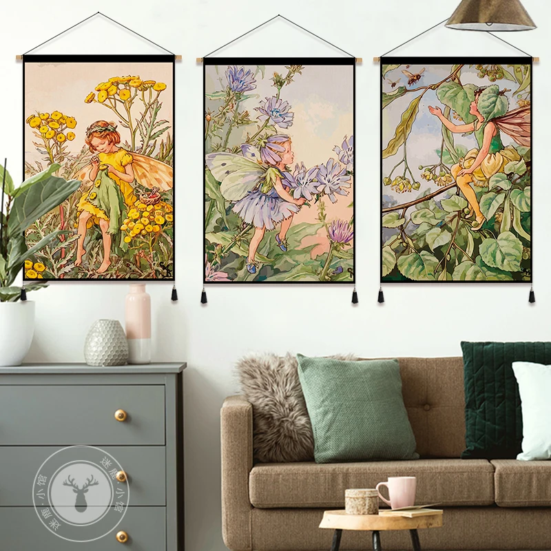 

Europe Style Flower Fairy Scroll Wall Painting Vintage Room Decor Aesthetic Tapestry Living Room Baby Kids Room Decal Wall Arl