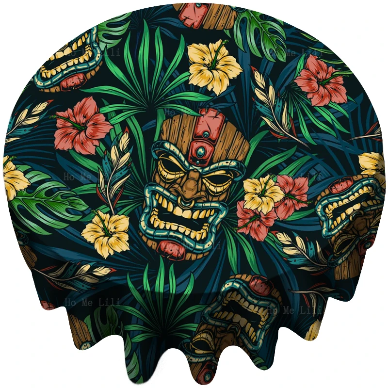 

Hawaiian Tiki Mask Tropical Pattern Totem And Tribal Hibiscus Floral And Leaves Round Tablecloth By Ho Me Lili For Tabletop Deco