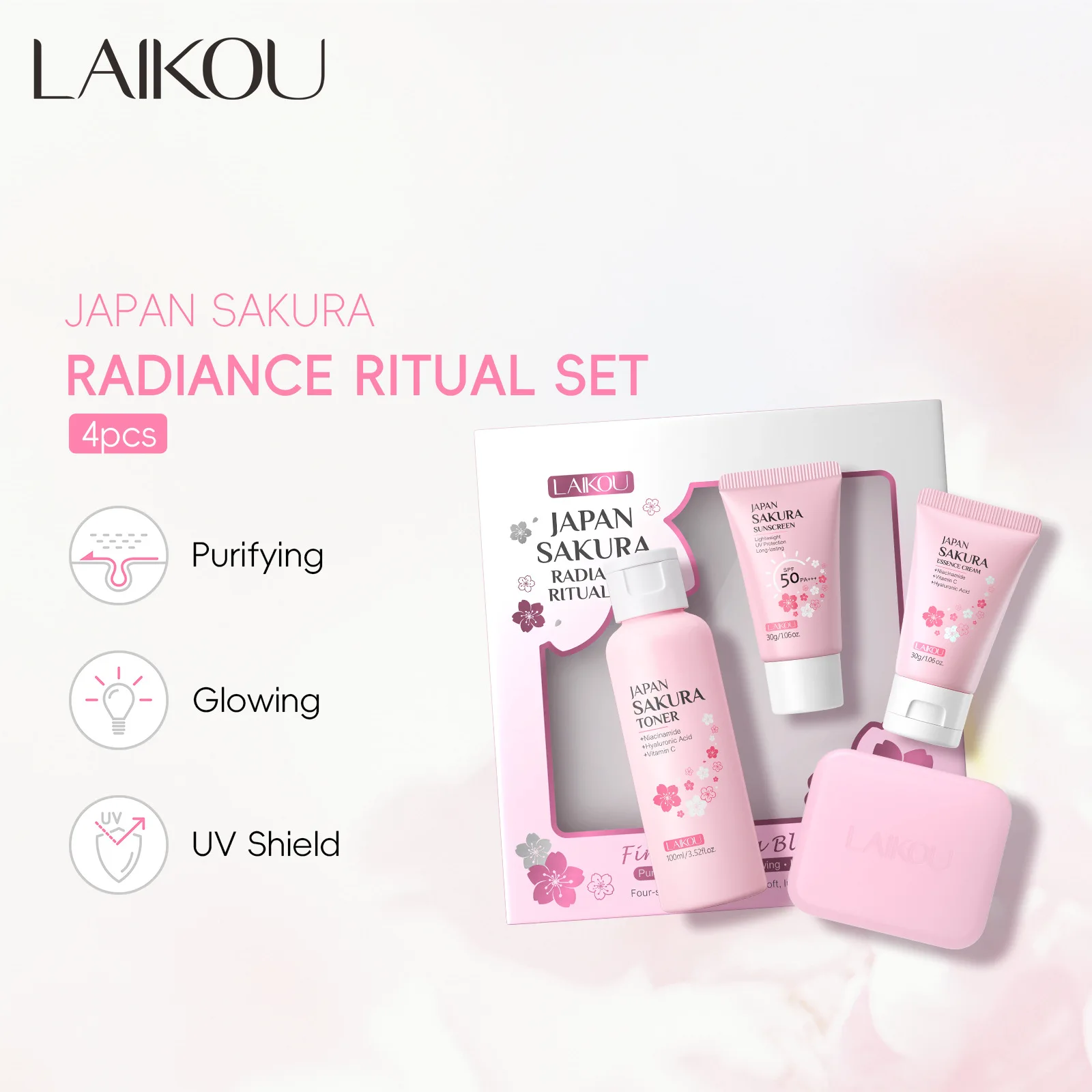 Фото Набор для ухода за кожей LAIKOU Sakura, 4 предмета: осветляющий комплект для лица с мылом, тоником, кремом и солнцезащитным кремом, полный ежедневный уход, 100 мл + 50 мл + 30 г №3