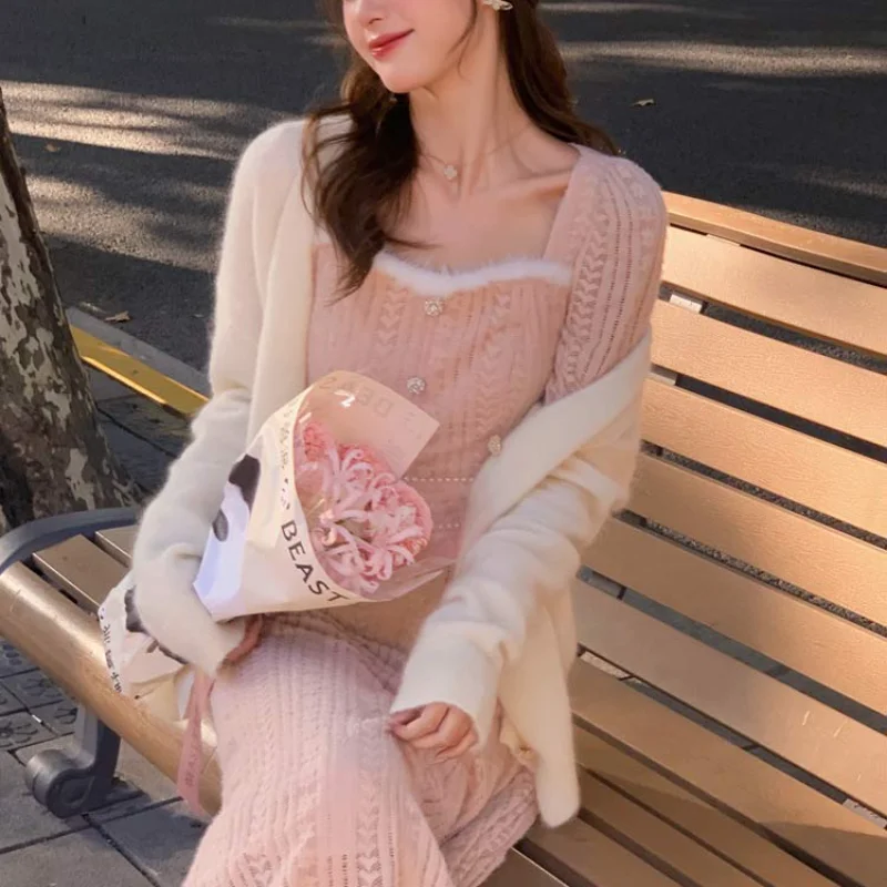 

Fairy Sweater Dress Women Elegant Vintage One Piece Dress Korean Fashion Outwear Casual Fur Knitted Dress Party 2022 Winter Chic