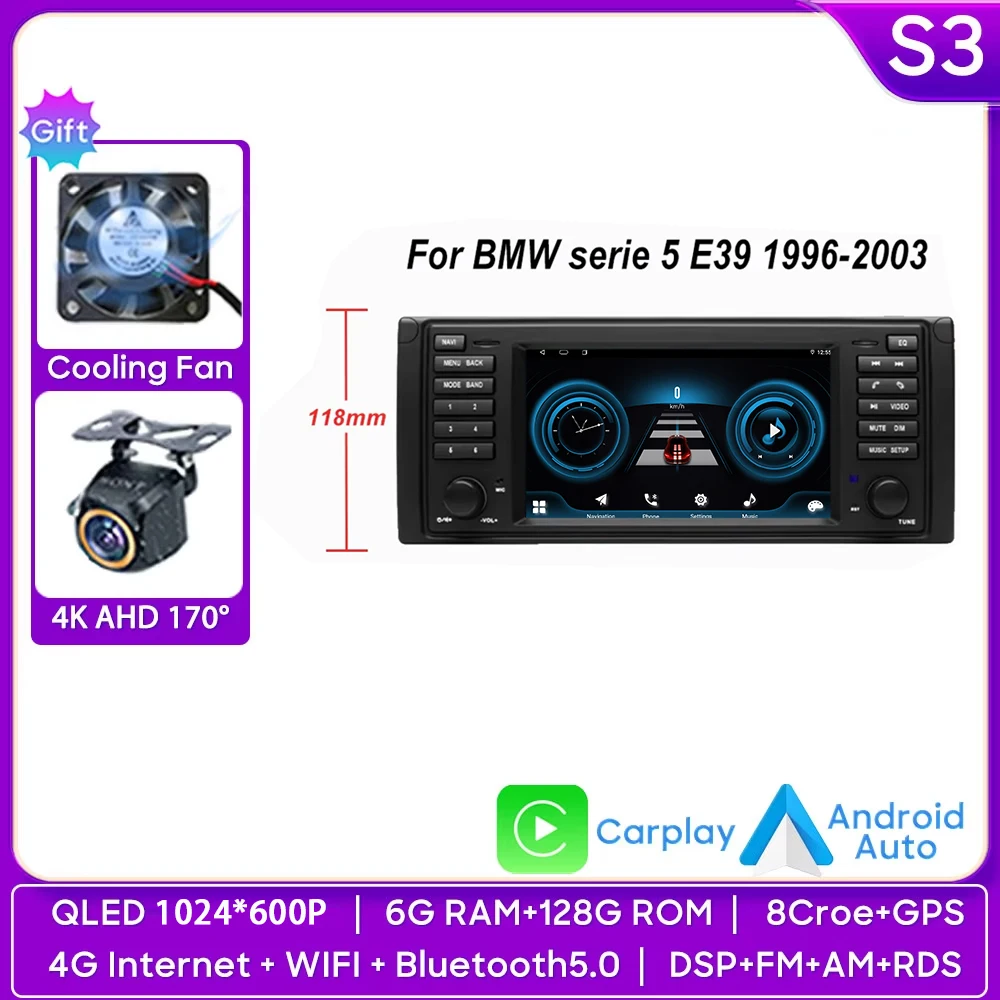 

7-дюймовый автомобильный радиоприемник Android Auto с GPS-навигацией для BMW 5 серии E39 X5 E53 M5 1996-2003 Мультимедийный плеер Видео 4G WIFI 2din DVD