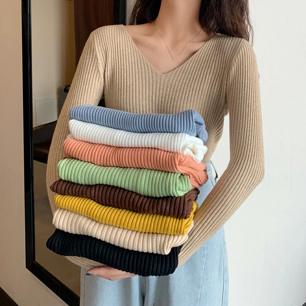 Облегающий пуловер свитер джемпер вязаные топы женский в рубчик с длинным