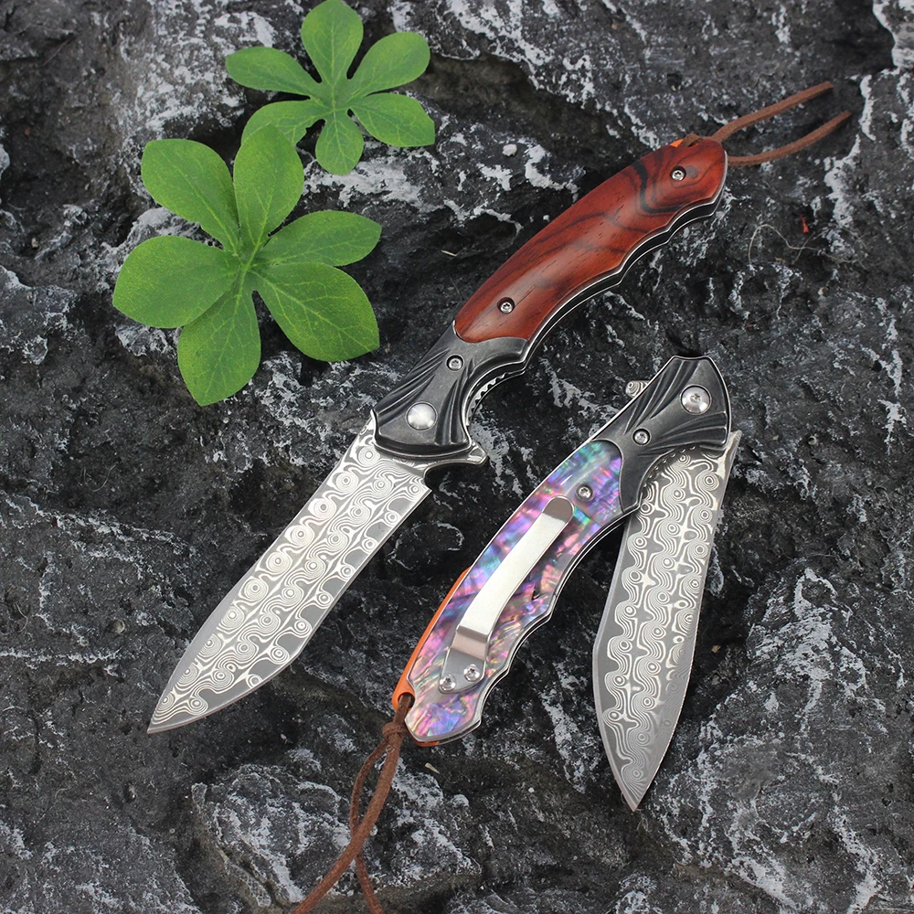 Складной нож из дамасской стали 76 слоев лезвие деревянная ручка