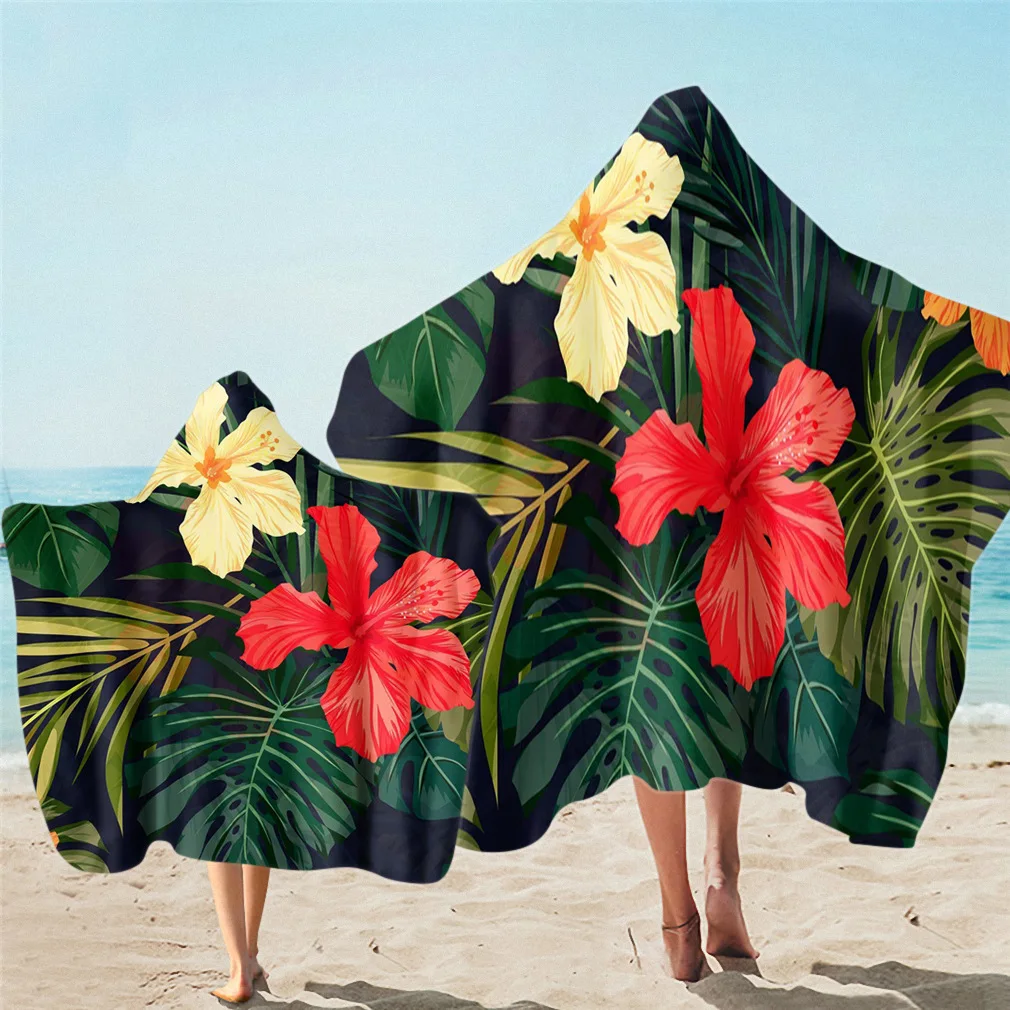 

Free shipping Holiday Gift Tropical Flower Monstera Leaves Plant Birds Adult Kid Hooded Beach Towel Sports Gym Surfing Pool Swim