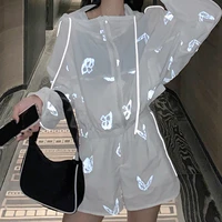 women summer two piece sets hooded thin loose top and short pants butterfly reflective girl sexy streetwear gothic sportswear