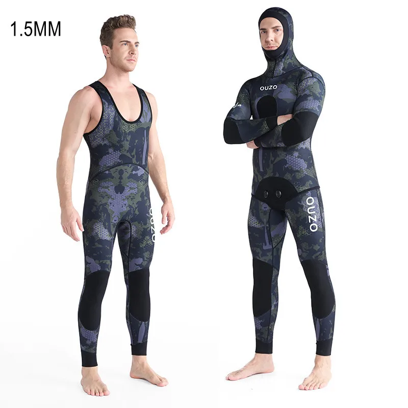 1.5MM Neoprene Camo Hunting Wetsuit Long Sleeve Fission Hooded 2 Pieces Diving Suit For Men Keep Warm Spearfishing Surf SwimWear