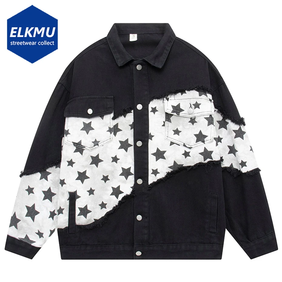 

Star Patchwork Denim Jacket Men Streetwear Harajuku Hip Hop Oversized Jeans Jacket Black White Splicing Fashion Denim Jackets