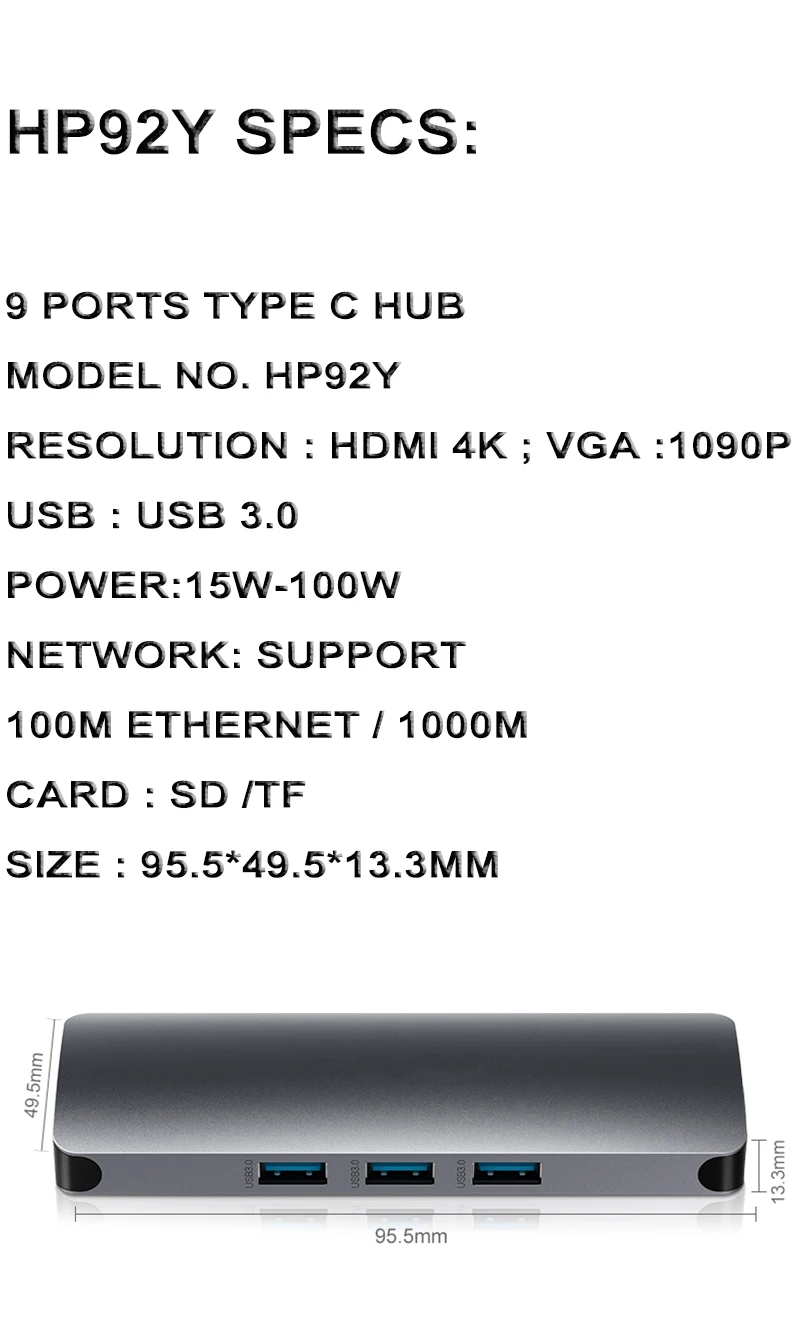 USB-концентратор 9 в 1 с HDMI 4K Ethernet 100 Вт PD Thunderbolt 3 стандартным портом данных USB 0 SD/TF Type C