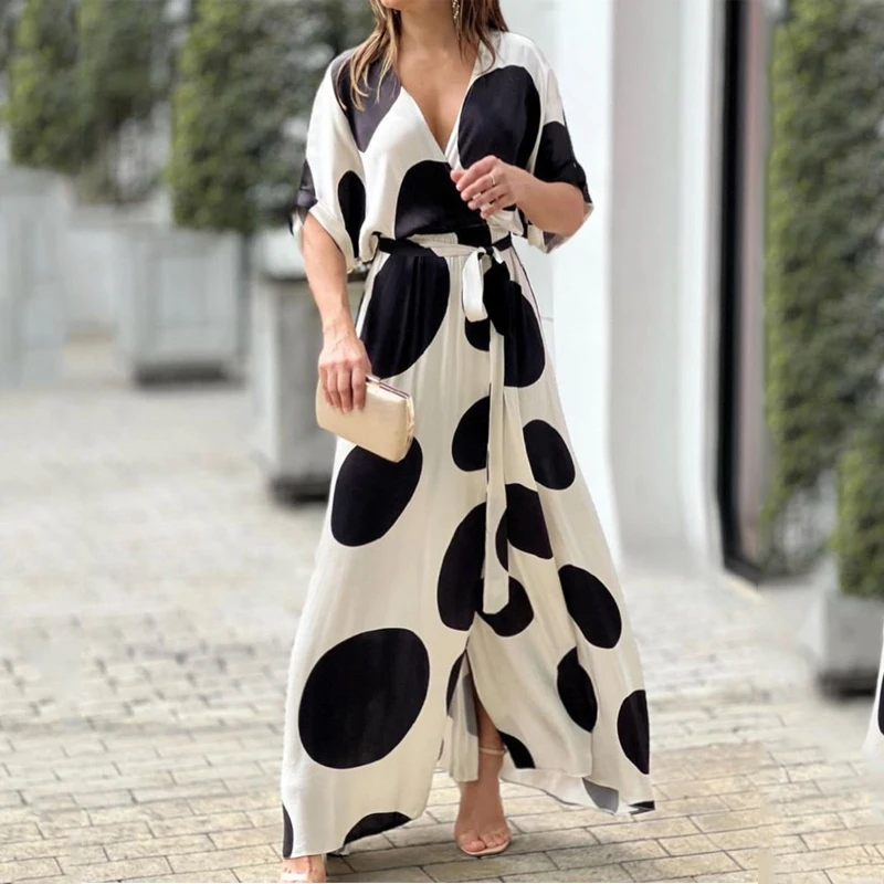 

Ellafads Women Maxi Dress Summer Casual Elegant Polka Dot V Neck Short Sleeve Nipped Waist Lace Up Long Skirt High Streetwear