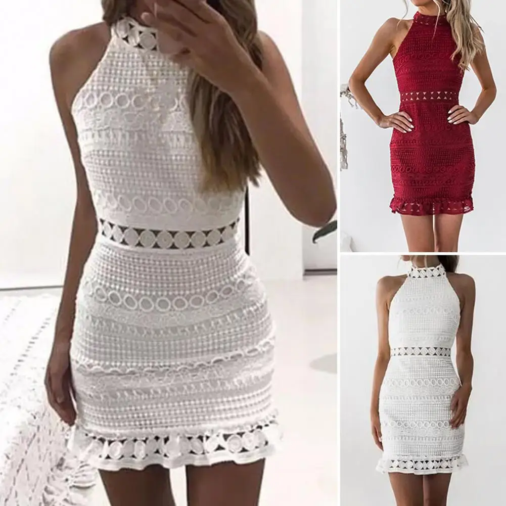 

Sexy Women Hollow Out Bodycon Mini Dress Summer Chiffon Dress O Neck Sleeveless Crochet Lace Hip Wrap Dresses for women 2022