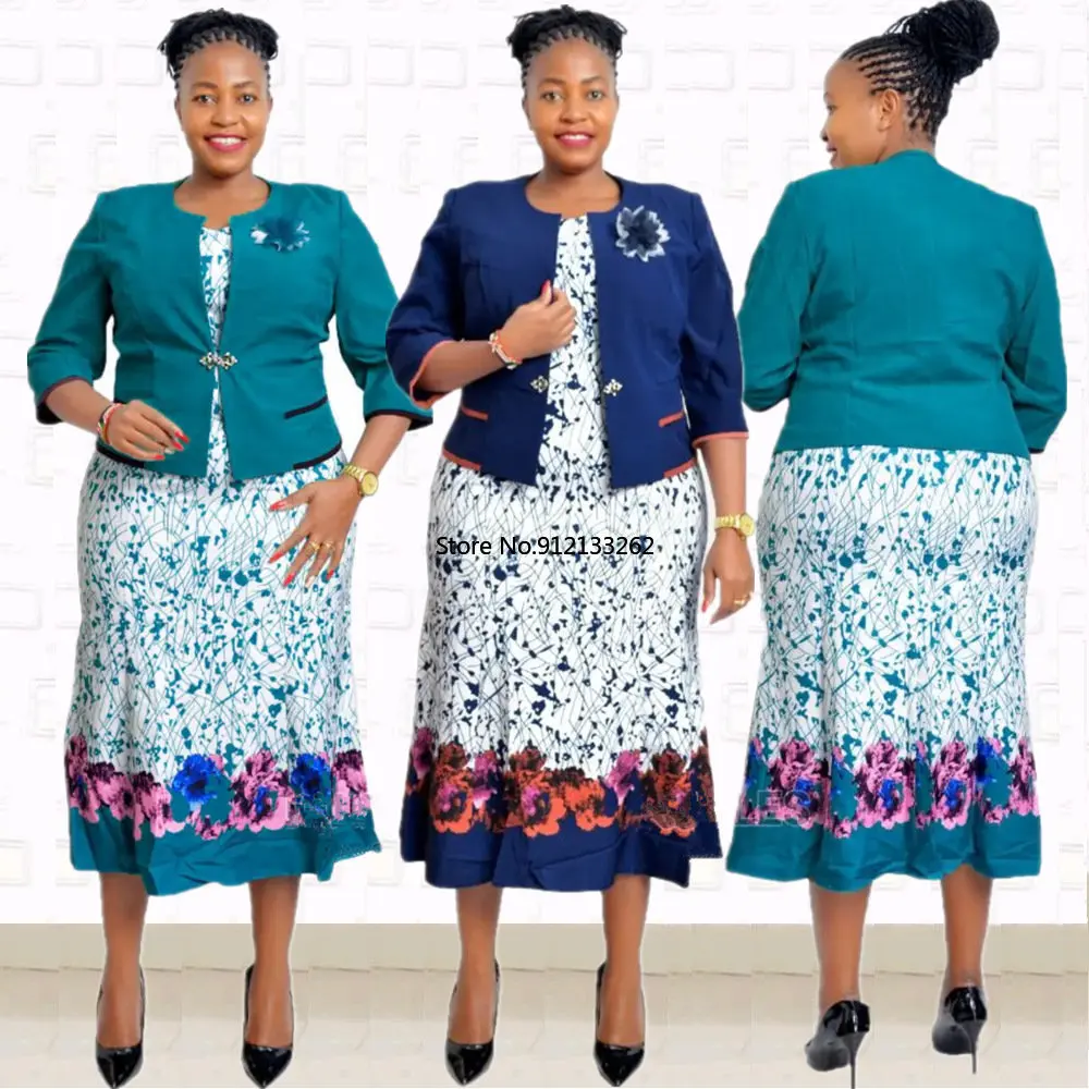 

2 Piece Set African Dresses For Women Jacket Tops And Dress 2023 New Arrival Elegant Design Office Lady Suit African Clothes