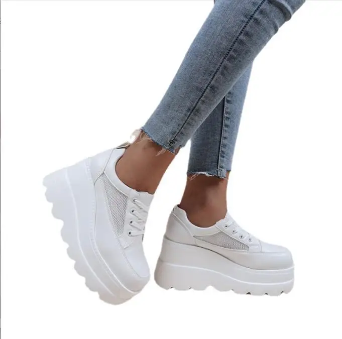 

Autumn NEW White Wedge Sneakers Shoes Platform Breathable Hollow Shoes Chunky Platform Heel Pumps Shoes Women Heels Large size