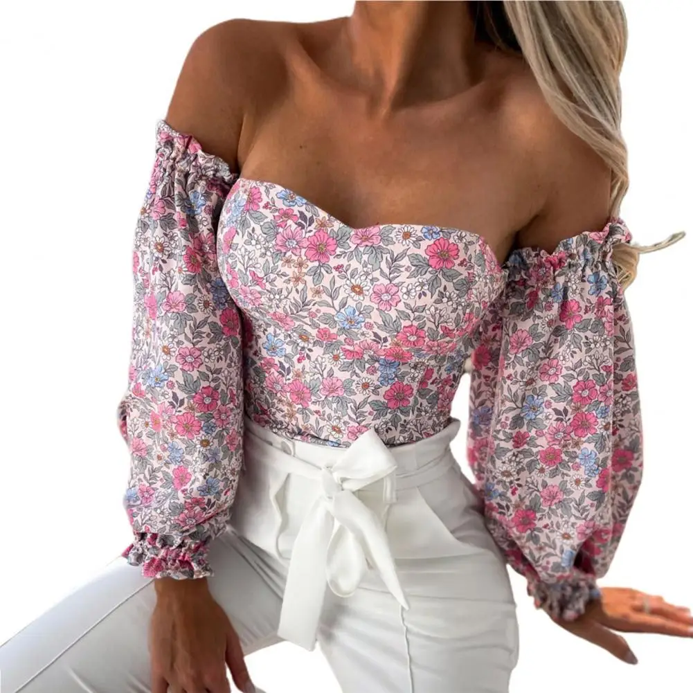 

Women Sexy Top Summer Off Shoulder Women Blouses Floral Print Backless Soft Off Shoulder Lantern Sleeve Pullover Top Club Wear