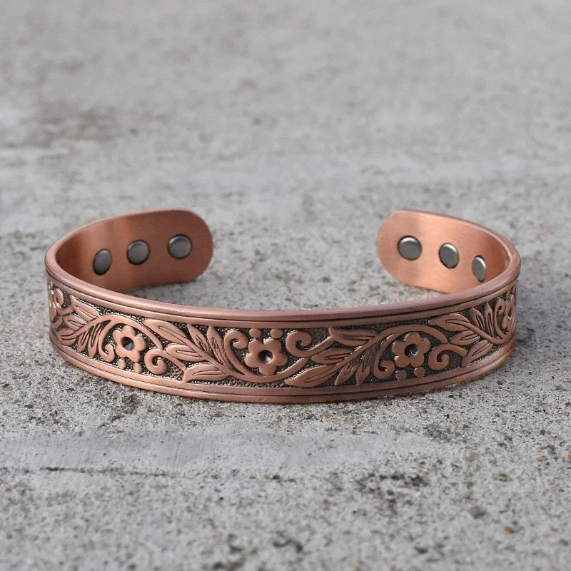 Czysta miedź bransoletki dla mężczyzn kobiety regulowany mankiet etniczny wzór kwiatowy magnetyczne zapalenie stawów zdrowie wysoki magnes