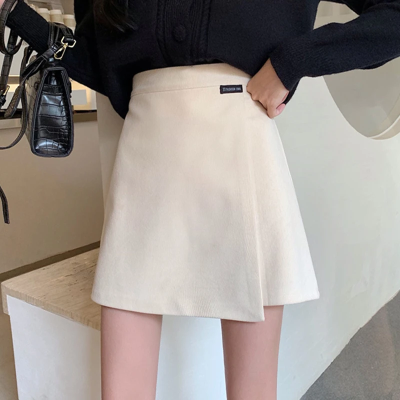 

Осенняя Женская однотонная короткая мини-юбка с высокой талией, повседневные трапециевидные юбки в стиле Харадзюку, женские облегающие мод...