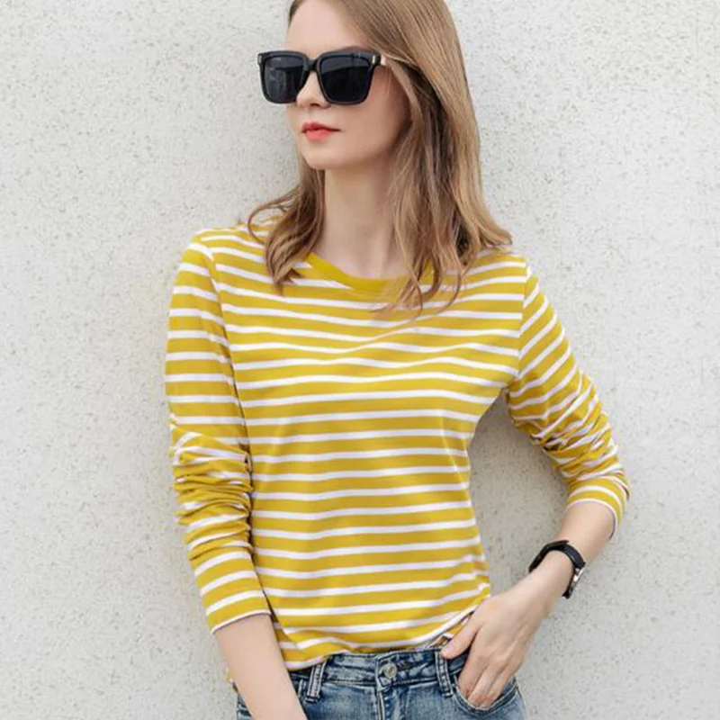 

2022 Spring T-shirt Short-sleeved Ladies O-neck Striped Cotton Women's Long-sleeved Korean Fashion All-match Top