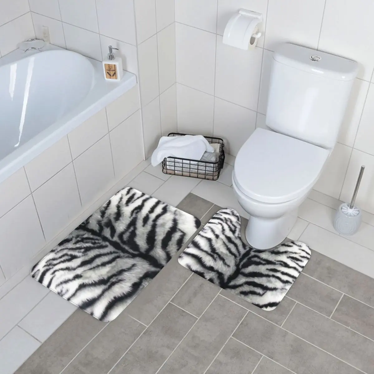 

Animal Fur Print Bath Mat Black White Tiger Stripe 2 Pieces Washable Pet Bathroom Mat Set Modern Polyester Bathroom Rug