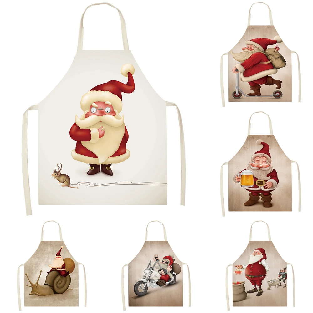 

Santa Printed Kitchen Apron Sleeveless Linen Apron 68x55cm Dinner Party Cooking Apron Christmas Party Pinafore Cleaning Apron