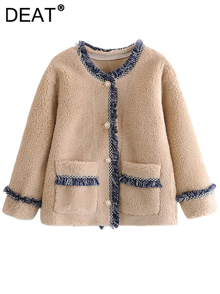 

[DEAT] Wide round Jacket Tassel Contrast Color Elegant Simple New Round Neck Long Sleeve Women Coat Fashion Spring 2023 13DA3858