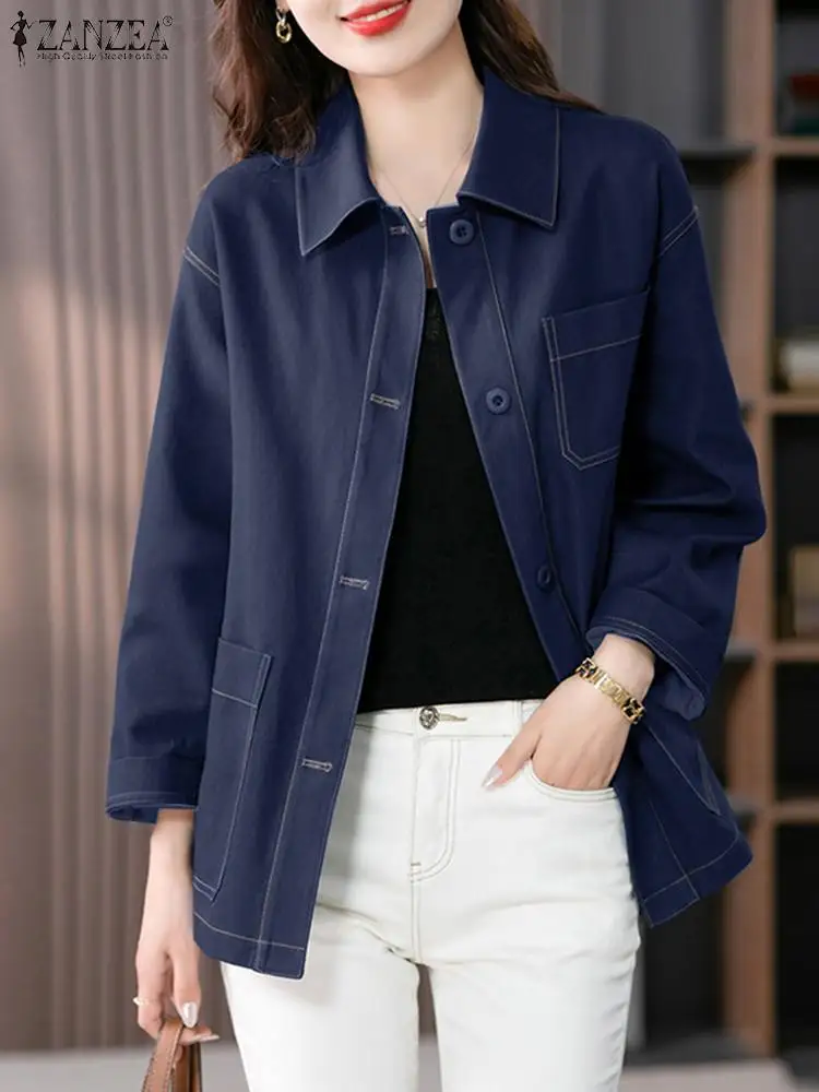 

Куртка ZANZEA женская джинсовая в винтажном стиле, однотонная тонкая верхняя одежда с отложным воротником и длинным рукавом, свободная повседневная одежда для работы в стиле оверсайз, осень