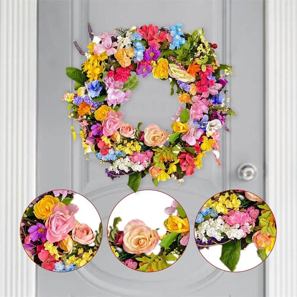 

Весенне-летний венок для входной двери, искусственный цветочный дверной венок с яркими цветами и зелеными листьями для домашнего фермерско...