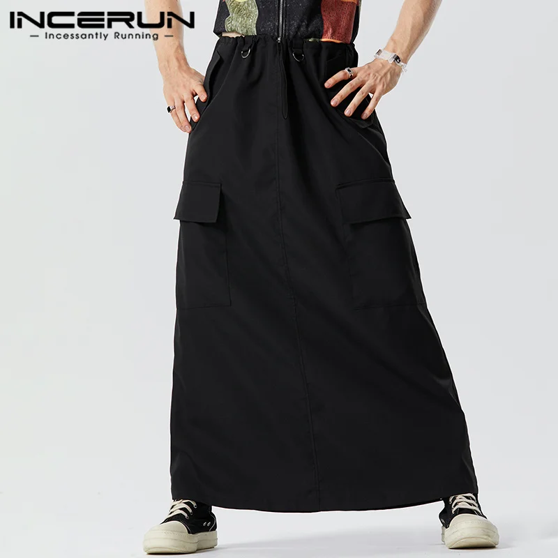 

INCERUN 2023 American Style New Men Dark Black Large Pocket Design Pantalons Casual Stylish Loose Solid Cargo Skirts Pants S-5XL