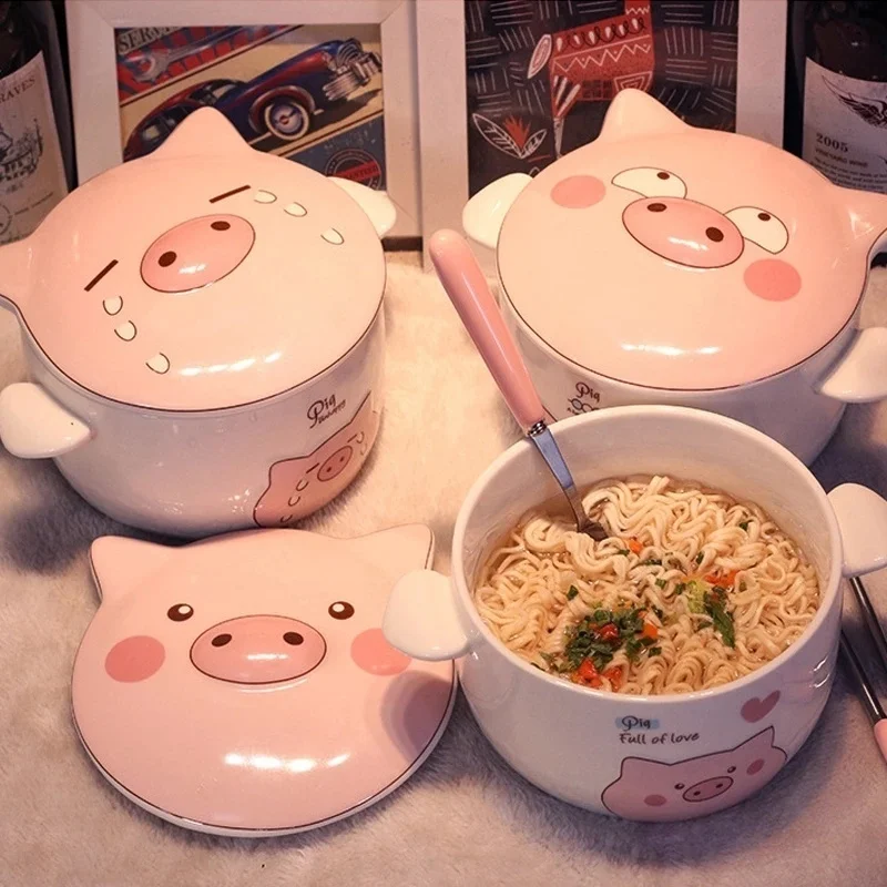 

Ceramic Cute Cartoon Pig Instant Noodle Bowl With Lids Creative Fruit Salad Tableware Soup Bowls Kitchen Accessories Dinnerware