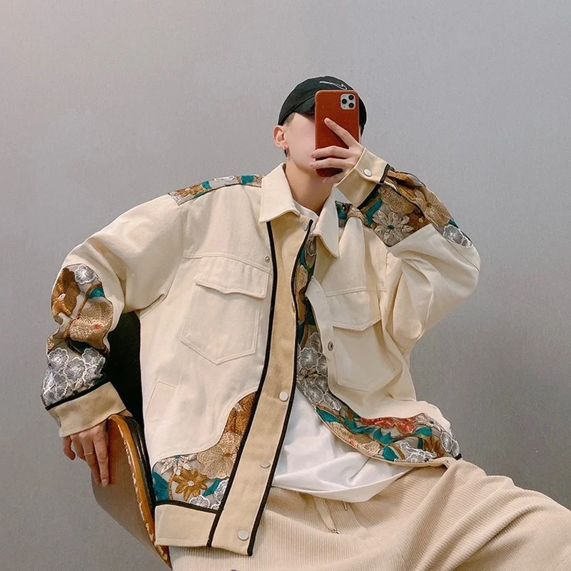 

HOUZHOU Men's Jacket Autumn Men's Coats Baseball Jacket Embroidery Khaki Couples Coat Chinese Style Streetwear Hip Hop Harajuku