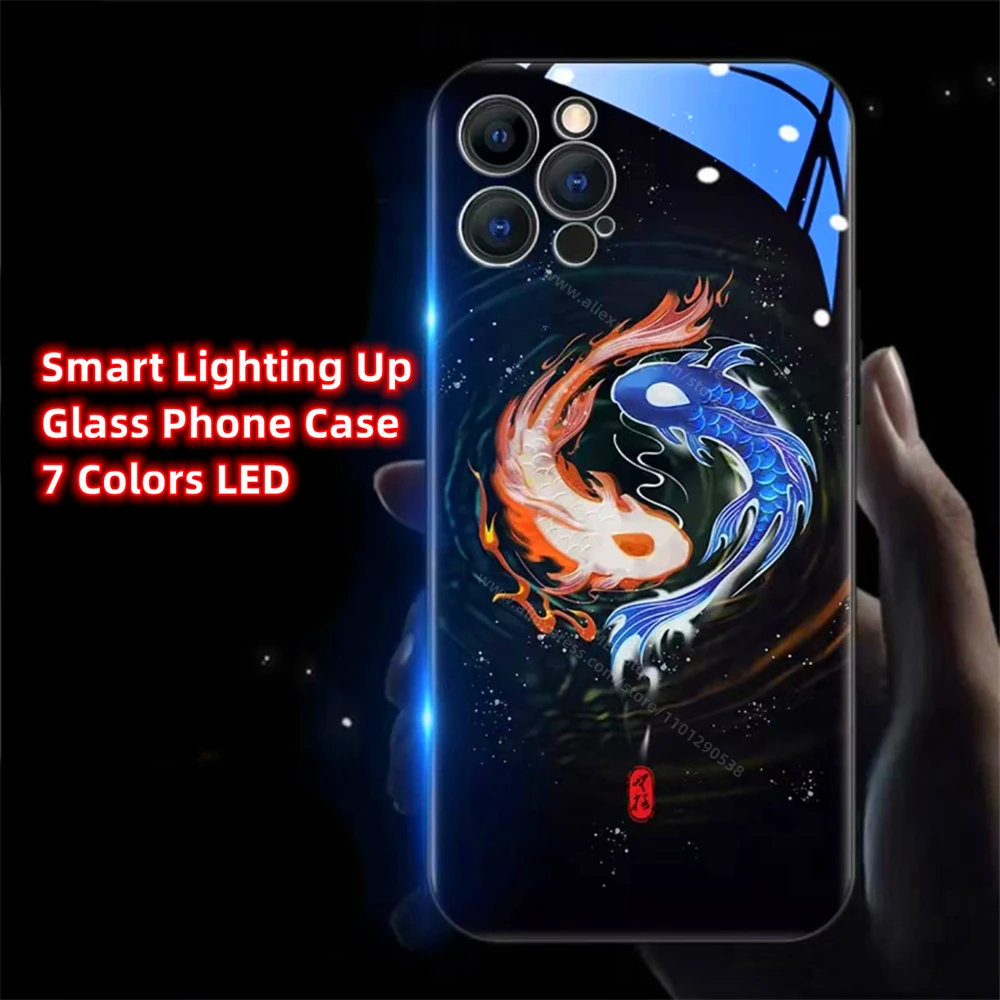 Чехол для телефона Dragon Totem Design Smart LED Light Glow из закаленного стекла iPhone 16 15 14 13 12 11 Pro Max