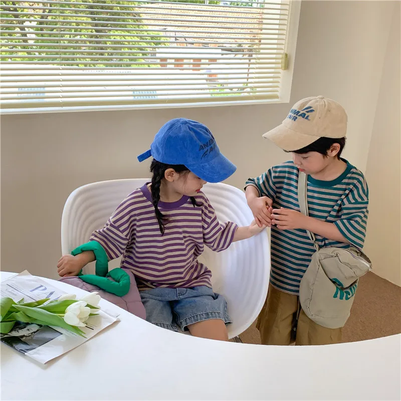 Летние фиолетовые полосатые футболки унисекс Детские хлопковые свободные