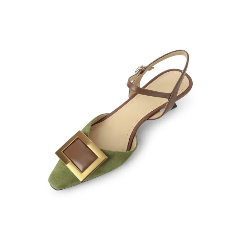 

2023 New Women Genuine Leather Shallow Mouth Square Button Thick Heel Cool Slippers Baotou Half Slippers Women Shoes
