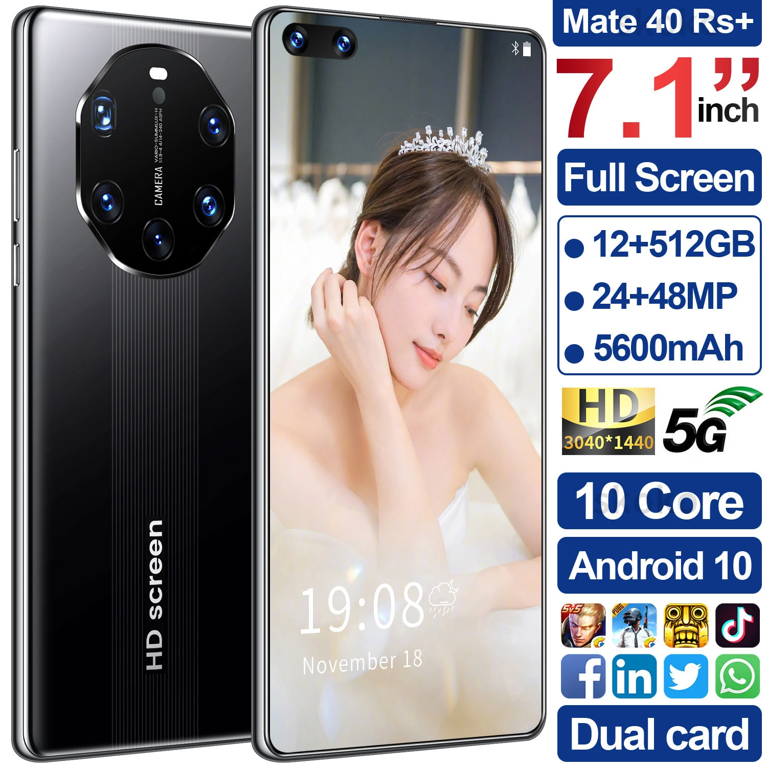 

SKO Mate40 pro Smartphone Android 7.1 Inch 8GB 128GB Unlocked Phone Celulares Smartphone Global Version 5G Phone