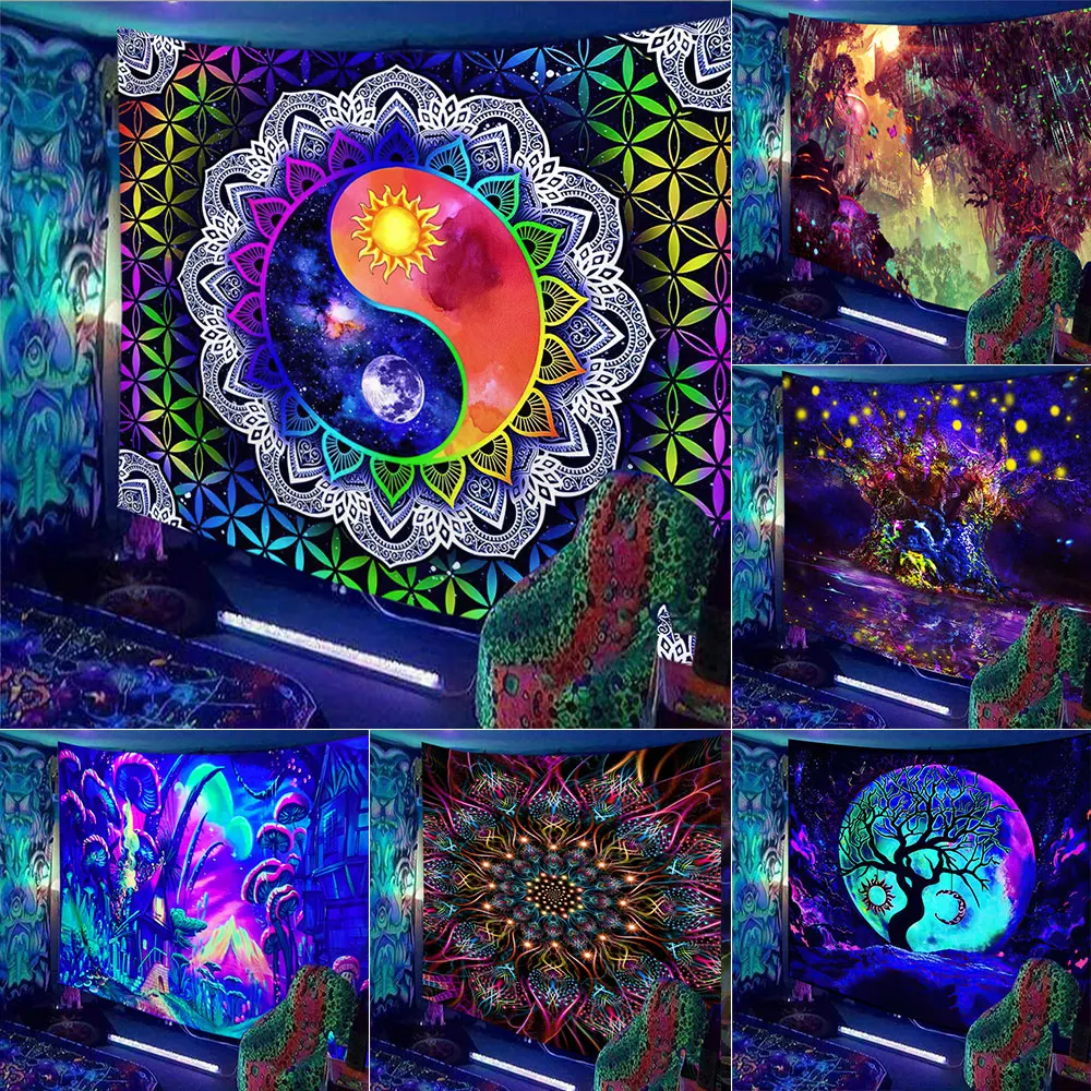 

Fluorescent Tapestry Hippie UV Response Psychedelic Tapestry Wall Hanging Boho Style Room Home Decor Fluorescent Tapestry