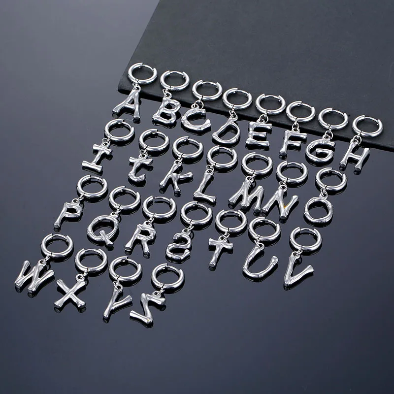 Unisex Silver Color Hoop Earrings Stainless Steel Piercing Accessory Trendy Letter Name Female Ear Jewelry For Women Men