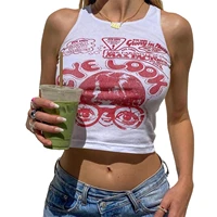 women clothing polyester slim fit tank tops adults casual portrait letter print round neck crop tops