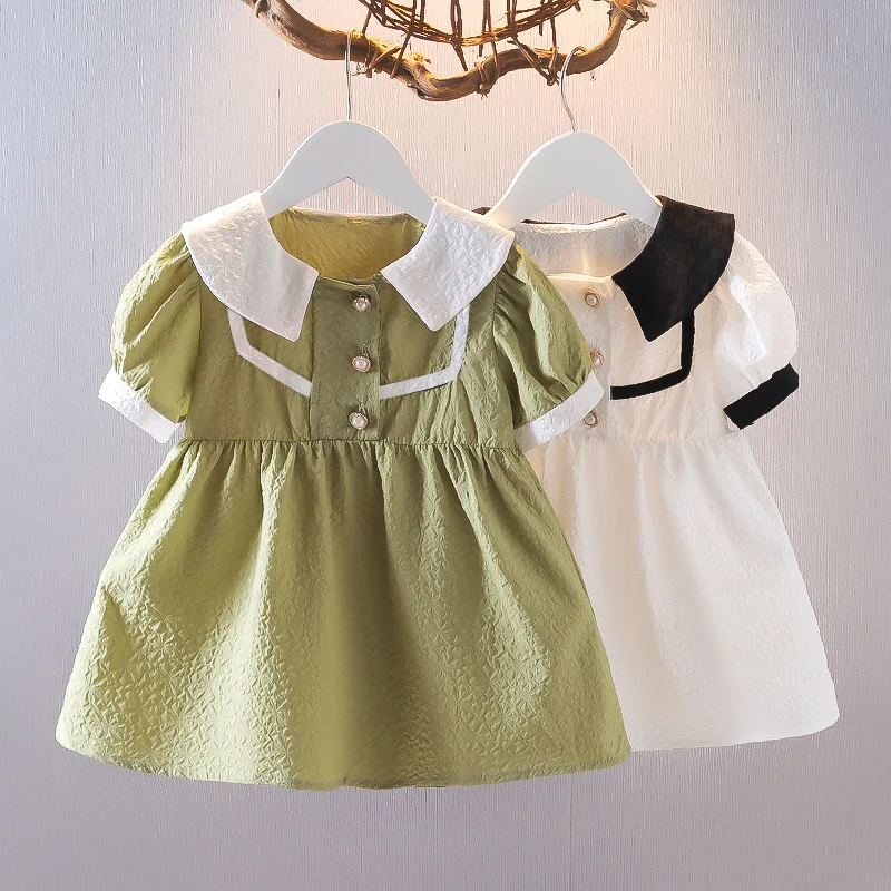 

2022 Summer Children's Short Sleeve Lapel Collar Princess Party Baby Girls Pleated Casual Dress Kids Clothes Vestidos