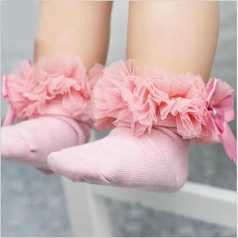 

Носки для маленьких девочек с бантом, кружевные хлопковые носки принцессы с оборками и лентами, разные цвета, серые, красные, черные, розовые, белые, детские носки
