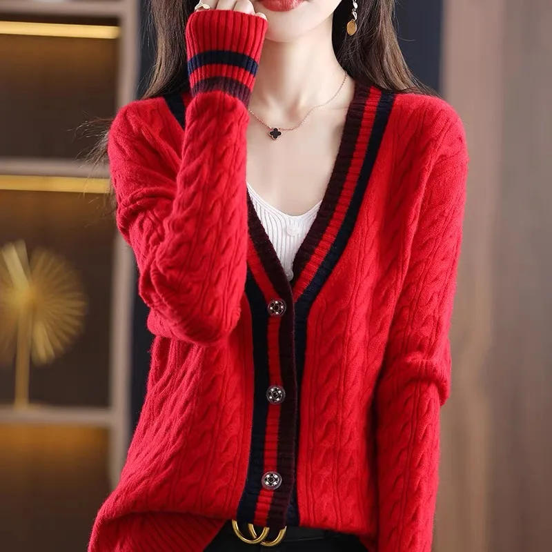

New Spring Casual Women Sweater Vintage V-neck Cashmere Cardigan Femme Loose Fashion Striped Twist Knitted Jacket Tops Mujer