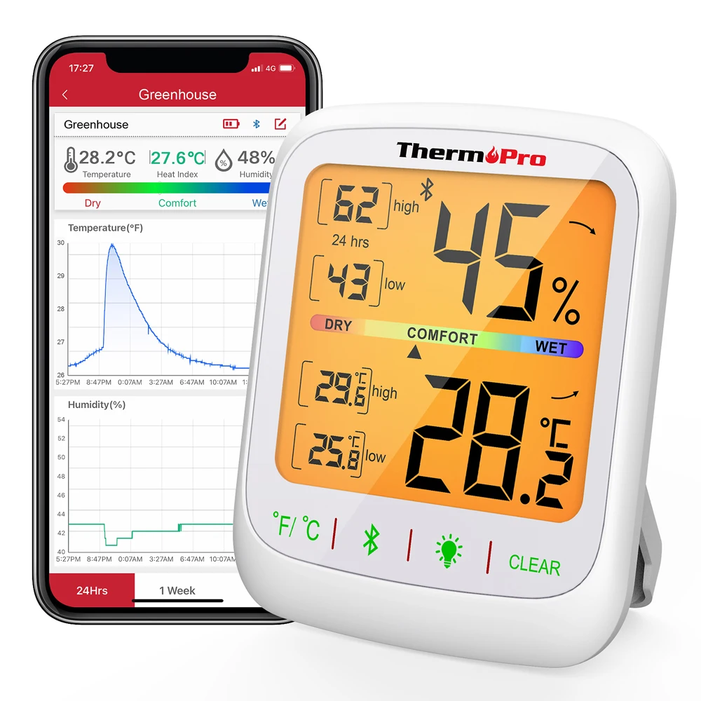 ThermoPro TP359 Wireless 80M Bluetooth-Conected Phone APP Backlight Digital Indoor Room Thermometer Hygtometer With History Data