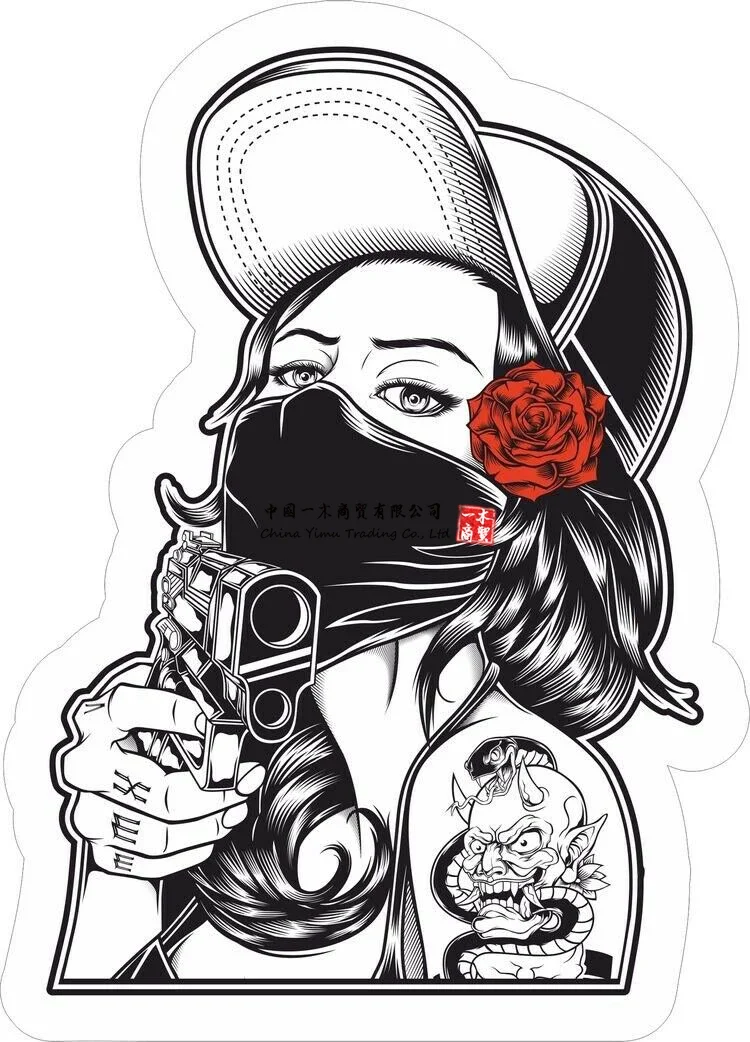 Девушка с пистолетом роза милая горячая наклейка шляпа-бомба бандана скейт