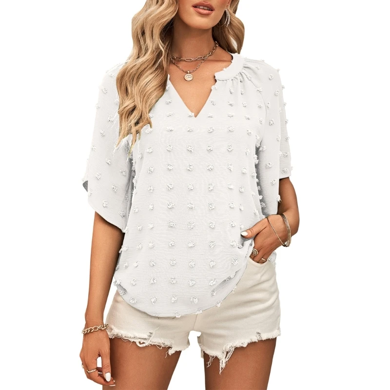 

Women Casual Loose Blouse Flared Half Sleeve Swiss-Dot Chiffon Plain T-Shirt Top