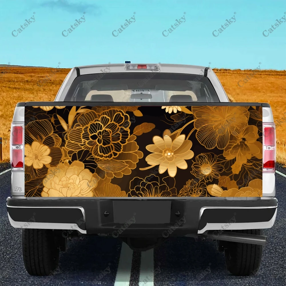 

Vintage Golden Floral Pattern Truck Tailgate Wrap Professional Grade Material Universal Fit for Full Size Trucks Weatherproof
