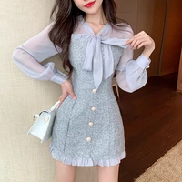 new spring vintage sexy see through chiffon patchwork tweed mini dress women ribbon bow single breasted long sleeve party dress