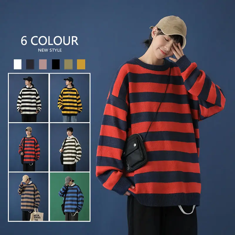 

Contrast Stripe Knitted Sweater Autumn Winter 6 Color Men And Women's Pullover Black Red Striped Oversized Sweater Hot Sale