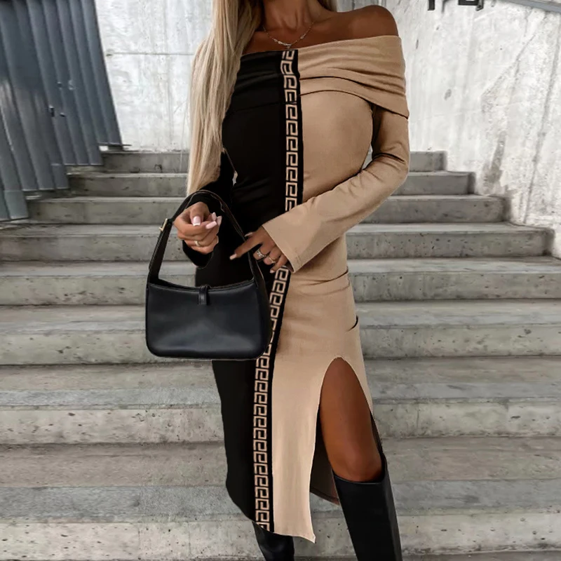 

Модное облегающее длинное платье контрастных цветов, офисное элегантное платье на одно плечо, женское повседневное Плиссированное Платье макси с длинным рукавом