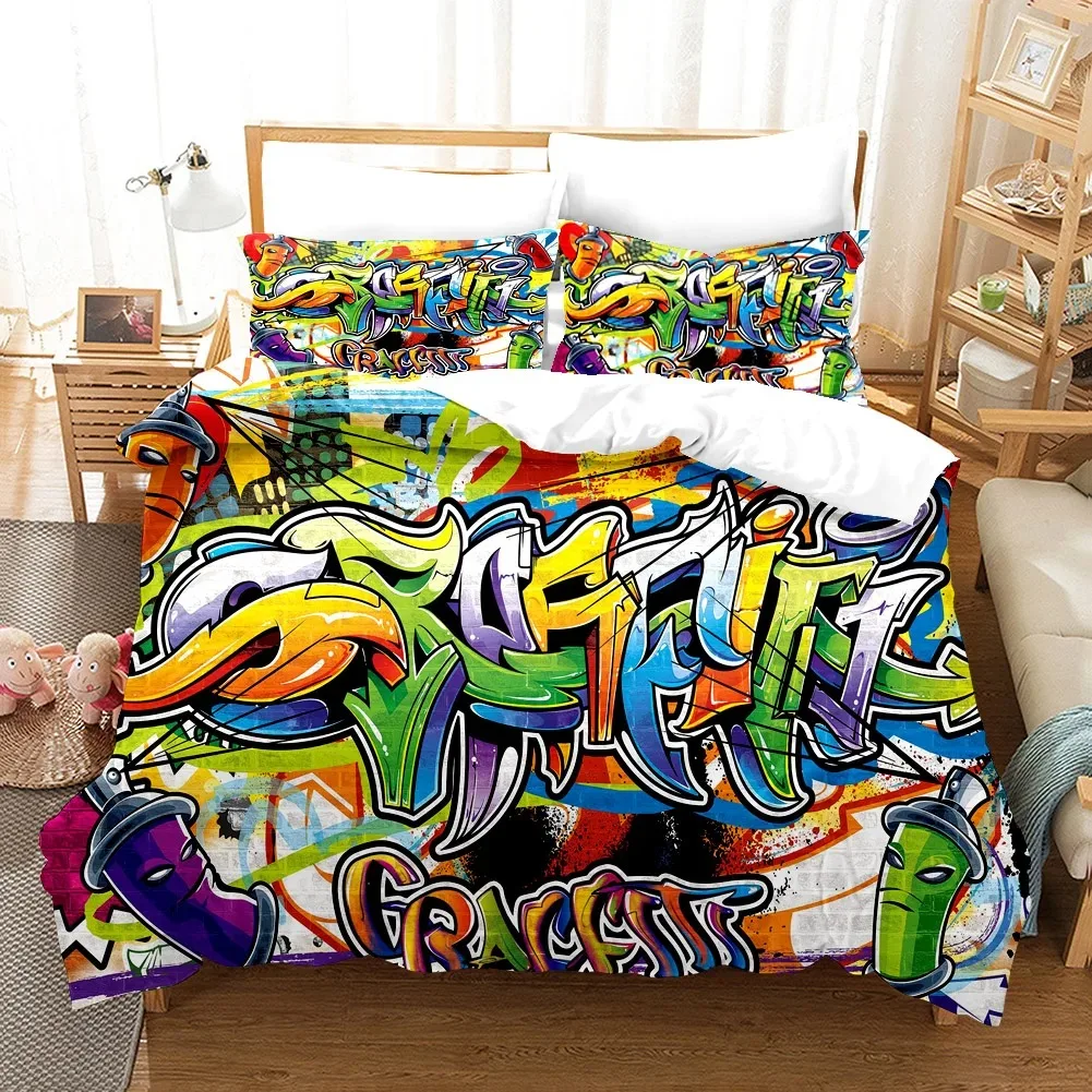 Cartoon Style Hip-Hop Graffiti 3D Printed Duvet Cover Pillowcase Bedding Set Teenagers Bedroom Decor Bed Kit，Single_Queen Size