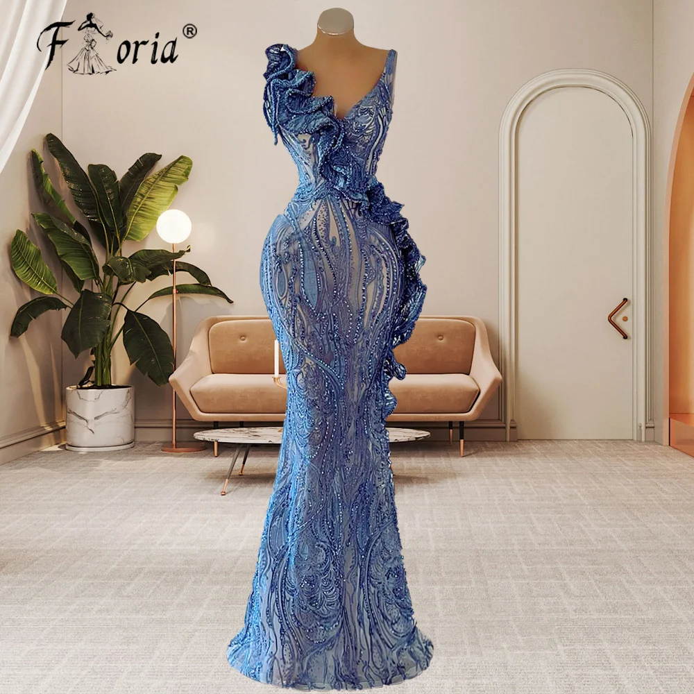 

Женское вечернее платье-русалка, синее платье из кружевной ткани, расшитое бисером, на заказ