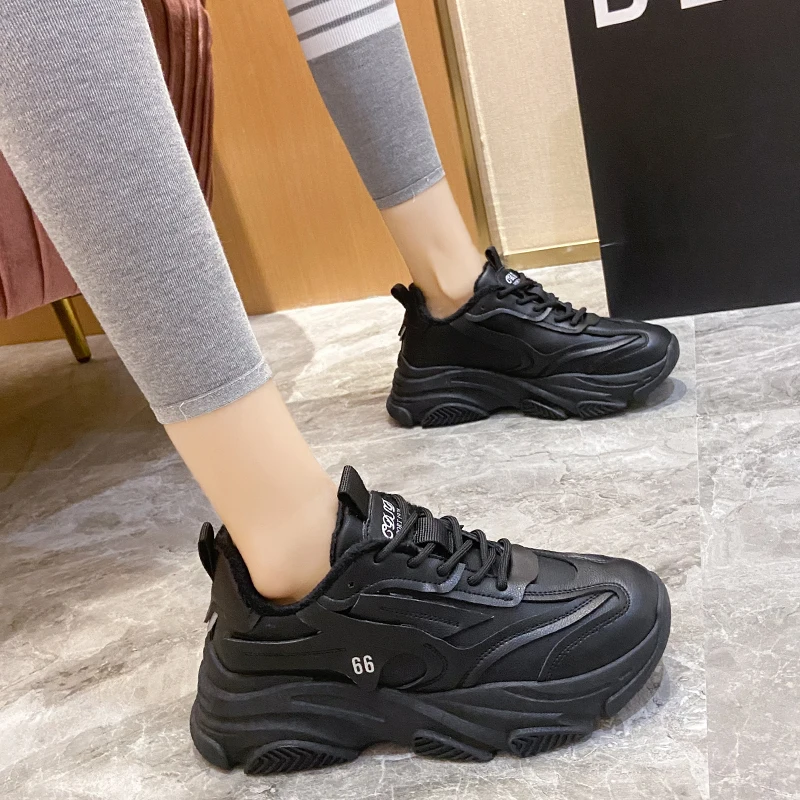 

Women’s 2022 New Winter Shoes Fashion Thick Bottom Waterproof Warm Non-slip Vulcanized Shoes Plush Leather black Sneaker